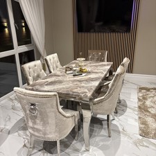 Louis silver 1.8m Cream Marble Dining Table and 6 Seater Beige Velvet Chairs Set