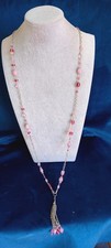 Long Pink Rose Glass Beaded Necklace Belt ? Silver Tone Jewellery #A650
