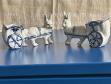 Vintage Delft-Style Dog Cart Figurine Pair Blue & White Pottery Hand Painted
