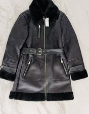 BNWT NEW RIVER ISLAND BLACK FAUX SHEEPSKIN FUR AVIATOR COAT JACKET SIZE 16