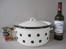 Large Vintage Style Enamel Bread Bin / Storage Container Cream with Black Dots