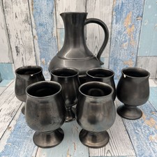 Vintage Prinknash Pottery Pitcher Jug & Goblets Set-Black Metallic Glaze-4 Cups