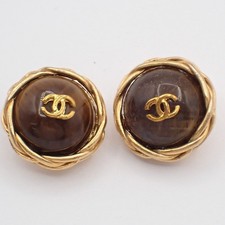 CHANEL CC Logo Color Stone Round Button Earrings Clip-On 95P Brown GHW 62RF748
