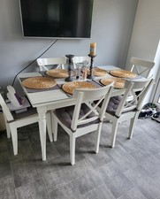 IKEA INGATORP extendable table - white &6 INGOLF chairs, + 6mm hard glass