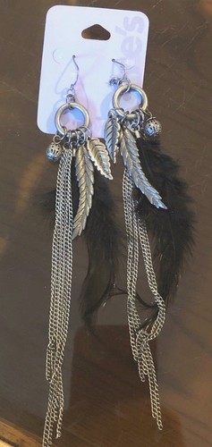 Earrings black feather - black, long
