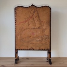 Edwardian Oak & Embossed Leather Fireplace Screen c.1900 | Hand-Studded, Nautica