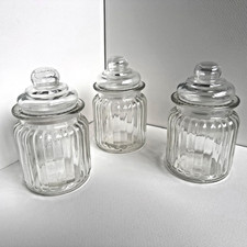 3 Clear Ribbed Glass Jars with Lids, Aprox. 12.5cm Tall