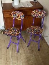 Pair of designer Smartie print folding purple chairs / stools, kitchen / garden