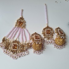 New Indian Pakistani Earring Tikka Set Jewellery Head Chain Tikah Jhumkas Jhumki