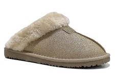 Ladies Ella Sparkle Faux Fur Lined Suedette Slippers Mules Memory Foam Vegan ...
