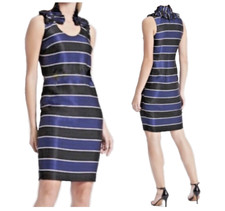 Banana Republic Dress Sz 4 Blue Black Satiny Striped Ruffle Neck Mobwife NWT