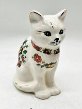 VINTAGE POTTERY CERAMIC CAT ORNAMENT FIGURINE FLORAL PATTERN WHITE WEMYSS
