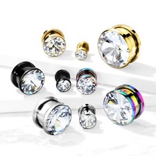 Gem Ear Plug, Crystal Stretcher Expander Piercing - Solitaire CZ Flesh Tunnel