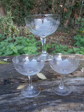 VINTAGE EDWARDIAN WHEEL CUT FLOWER FERN DESIGN CHAMPAGNE COUPES/SAUCERS GLASSES