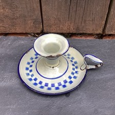 Lovely Unusual Old Small Vintage  Enamel Checkerboard Candle Holder Chamberstick