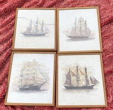 Four Vintage Framed Prints by Mads Stage, Denmark Boats Ships