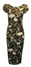 Womens Cap Sleeve Midi Dress Ladies Stretch Bodycon Plain Jersey Printed UK 8-26