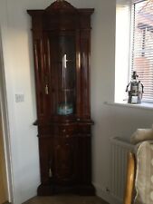 Tall Corner Display Cabinet Lockable, High Shine Mahogany, Ornate Tasselled Keys