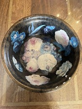 Large vintage Enamel Bowl Shabby Decoupage Floral Butterfly Vegetable Garden.  