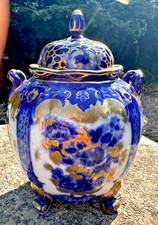 Impressive Heavily Gilded Blue White Roselle Occ & Co Lidded Vase Urn With Cover