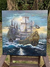Original Oil On Canvas Pirates Of The Caribbean Disney Art Nautical Painting Sgn