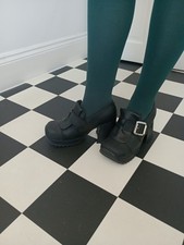 Vintage Shellys Shoes, Black Leather, Chunky Heel, Square Toe, Size 5 / 38