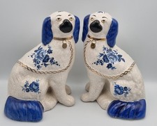 Staffordshire pair floral blue wally dogs with gold chains and tags 23cm 9" tall