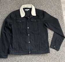 Men Large Denim Jean Jacket with embroidered American Flag & Fir Collar  Asylam.