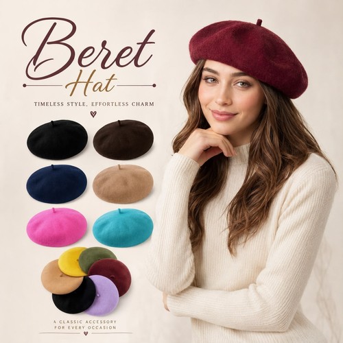 Womens girls beret hat - girls, plain