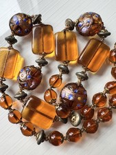Vintage Venetian Murano Glass Bead Necklace Amber Glass with Blue Highlights