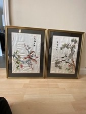 Pair Beautiful Vintage Framed Chinese Silk Embroidery Exotic Birds Art Pictures