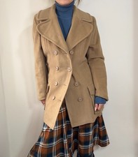 Womens winter M-L brown Camel Hair midi Coat Chunky jacket vintage 80s casual