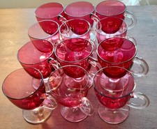 **1x Dozen Vintage CRANBERRY GLASS CUSTARD CUPS (CLEAR HANDLES): Two Sizes