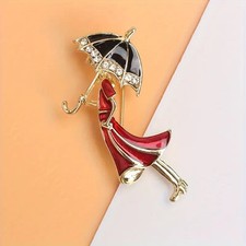 18K Gold Plated "Singing In The Rain" Art Deco Style Lady With Umbrella Brooch