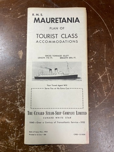 Rms mauretania 1952 tourist - mauretania,