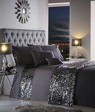 DOUBLE BED DUVET COVER SET DAZZLE CHARCOAL SLATE SEQUIN DETAILING BLING BEDDING