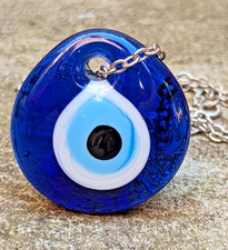 Vtg 1980's Turkish Evil Eye Cobalt Blue Pendant Necklace Costume Jewellery  J79