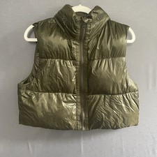 Zara Women's Quilted Gilet Women’s Size L Green With Zip Away Hood