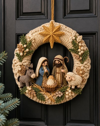 Nativity wreath knitting - wreath, dk