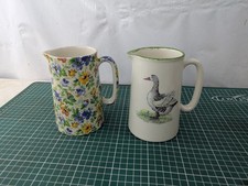 2x Heron Cross Pottery Floral & Goose English Milk Jug 14cm Tall VGC