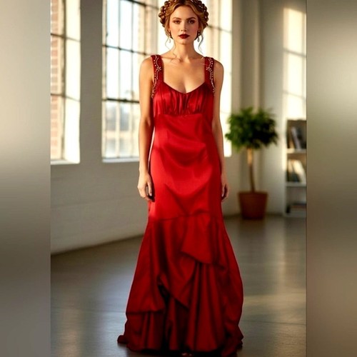Formal gown red satin - red, beaded