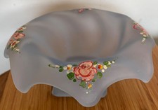 BAGLEY GLASS  'Equinox' Blue Frosted Art Deco Bowl Hand Painted Flowers