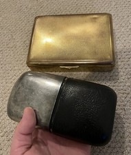 Antique Large Silver Plated Hip Flask & Brass Cigar Box Lot