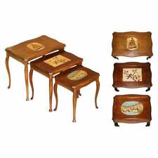 VINTAGE NEST OF TABLES WITH HAND PAINTED MARQUETRY INLAID TOPS VERY DECORATIVE