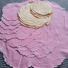 Vintage Table Linen Luncheon Sets, pink and gold embroidered, lot of 19