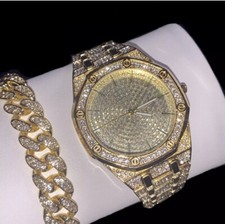 Mens Luxury Bling Gold Plated Out Diamond Designer Iced Watch & Bracelet Set