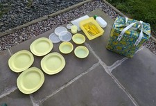 Vintage Picnic Cool Box Bag Insulated Vinyl 60s 70s Camping + Twinco Plate/Bowls