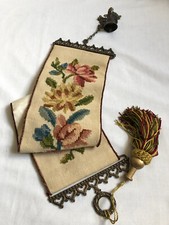 VINTAGE Floral Hand Embroidered Tapestry Wall Hanging Bell Pull Brass Header