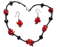 Genuine red coral gem, hematite sterling silver floral earrings & necklace set