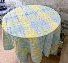 VINTAGE RETRO STRIPED COTTON SEERSUCKER TABLECLOTH~PASTEL COLOURS ~46" x 46"